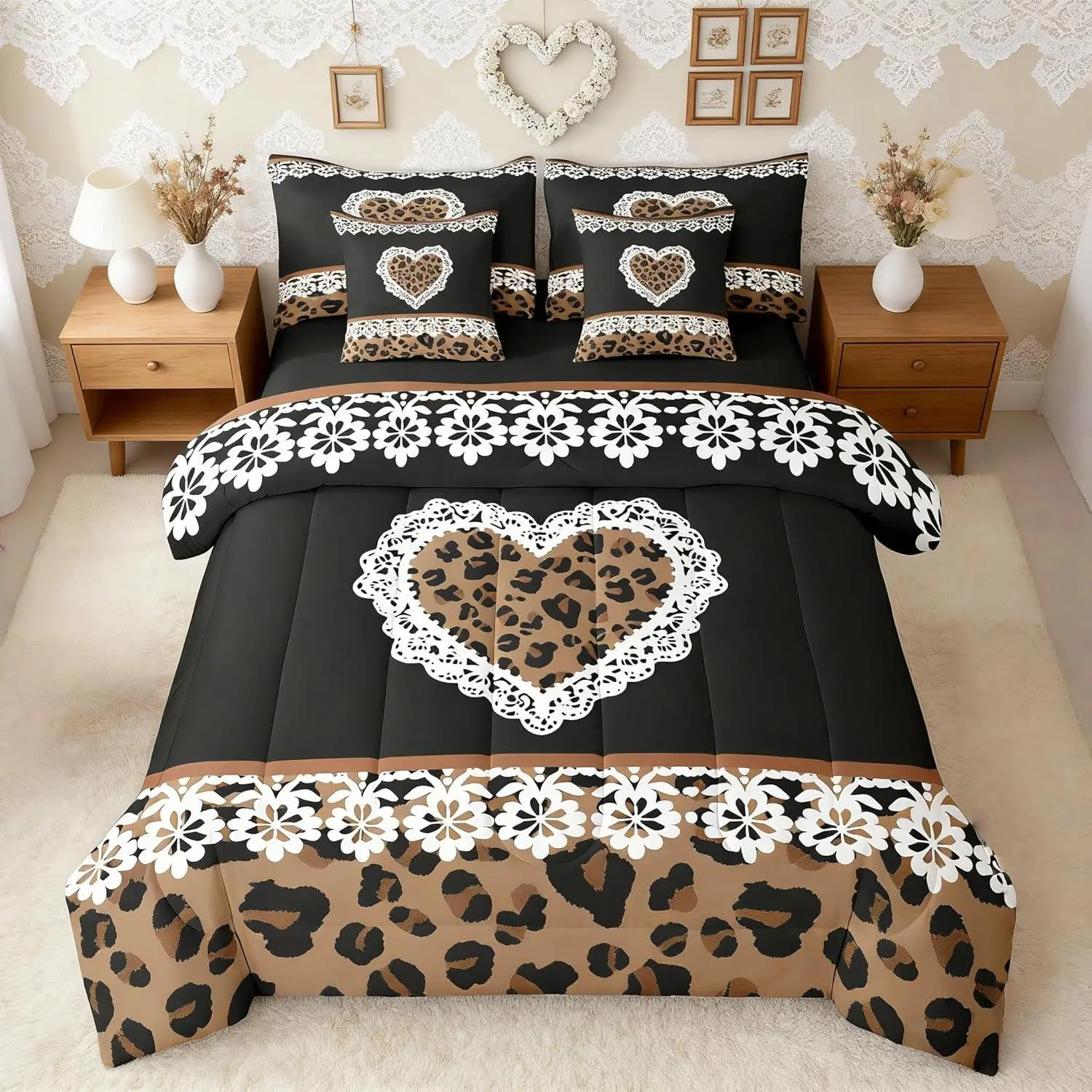 Damask Brown Leopard Print Comforter with Sheet Set 7 Pieces Cute Cheetah Heart Pattern Bedding Set for Kids Boys Girls White Lace Bed in a Bag Love Leopard Print Bedroom Decor