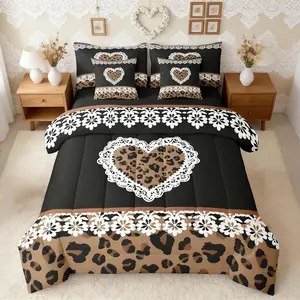 Damask Brown Leopard Print Comforter with Sheet Set 7 Pieces Cute Cheetah Heart Pattern Bedding Set for Kids Boys Girls White Lace Bed in a Bag Love Leopard Print Bedroom Decor