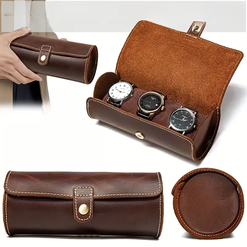 1Pack Vintage Full Grain Leather Watch Box, Luxury Travel Watch Storage Display Case for Men Mechanical Smart Watch, Perfect Gift for Dad Husband