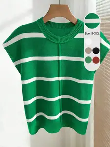 Women's Casual Loose Round Neck Drop Shoulder Sleeveless Knit Vest Top, Unique Design Striped Color Block Pullover T-Shirt, Knitwear