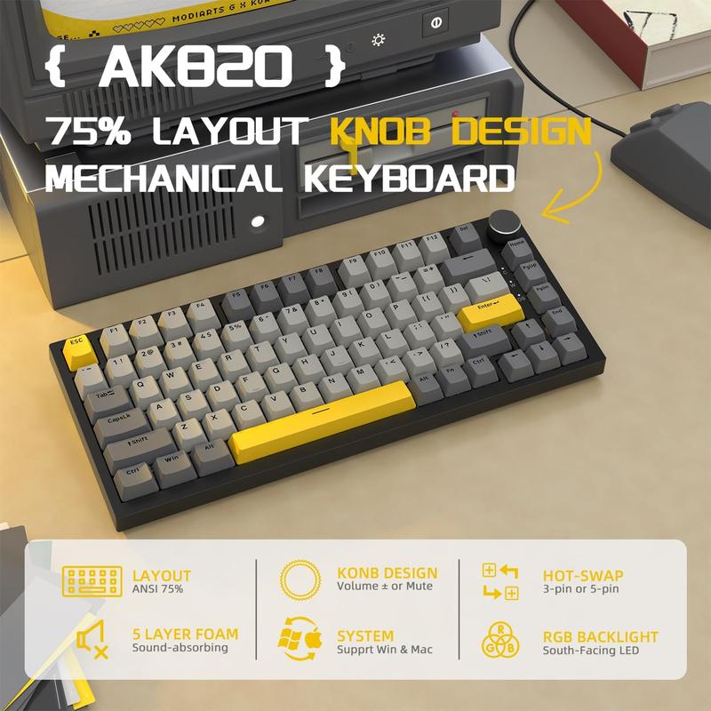 AJAZZ AK820 Wired Mechanical Switch Gaming Keyboard with Knob 75% Keyboard Hot Swappable Type-C Wired Gasket 5-Layer Noise Absorbing Foam LED Backlit NKRO Linear for PC/Win/Mac