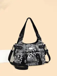 1pc Ladies' leopard print zebra print spliced multi zipper shoulder bag, with a casual large capacity design suitable for daily gift giving, shopping, commuting, and street style daily wear