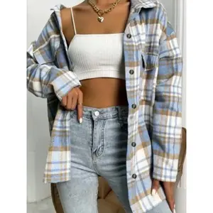 Women’s blue, brown, and white plaid long shirt, suitable for autumn and winter, that creates a casual and fashionable everyday look, ideal for shopping, coffee dates, and other casual wear.
