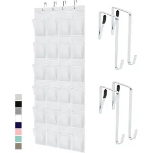Over the Door Shoe Organizer, 24 Large Breathable Mesh Pockets, Space Saving Hanging Storage Holder, Closet Rack Hanger Holds Up to 40 lbs, Hangs on Closets for Shoes, Accessories, White