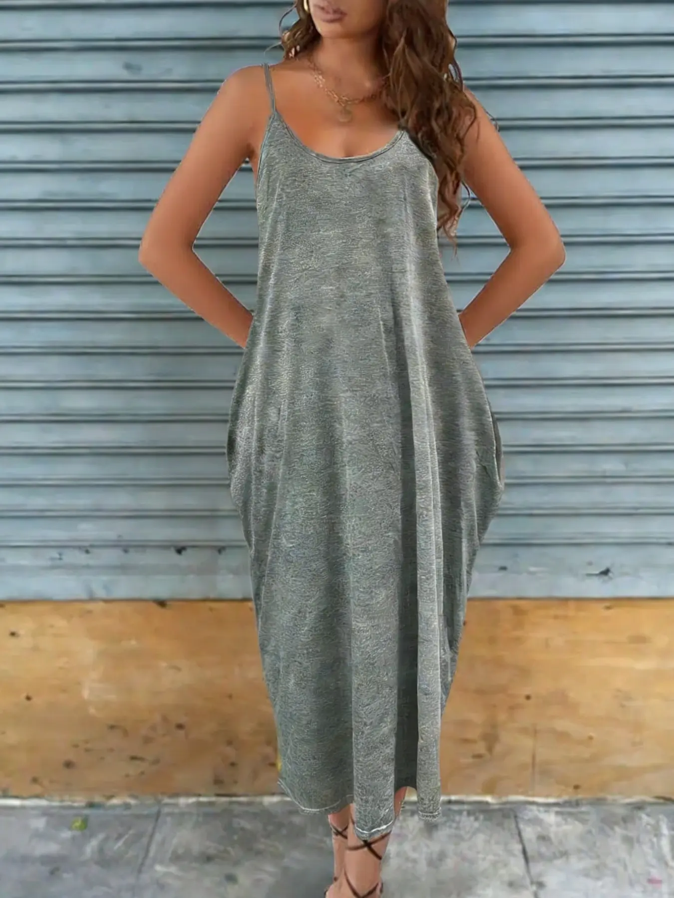 A set of women's casual solid color gray green camisole dress with loose  side pockets, long