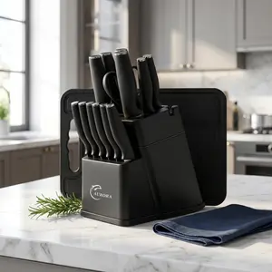 XBJ Premium 15-Piece Stainless Steel KitchenKnife Set with Built-in Sharpener |includes ChefKnife, Japanese Knife, Meat Cleaver, Bread KnifeSteak Knives & Scissors|Washable, PlasticHandles | Perfect Gift Set,Block,Pink Serrated Stainless steel cutlery set