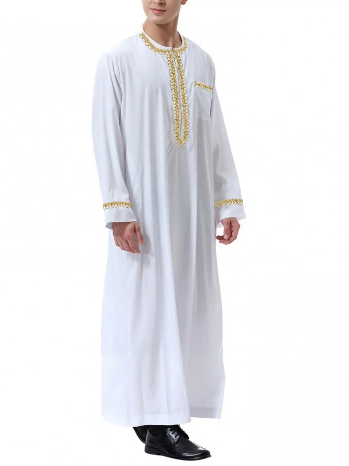 Saudi Arabia Middle Eastern Muslim Men's Long Robe for Muslim with Gold Trim, Traditional Arabic Robe, Islamic Thobe, Ethnic Clothing, Spring & Fall, Contrast Binding, No Padding, Authentic Saudi Thobe