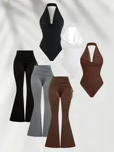 Elegant Womenswear Fitted Bodycon Halter Neck Top, Waist Cinching Jumpsuit, Pure Color Foldover Drawstring Leg Shaping Flared Wide-Leg Pants Set