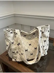 Vintage Casual Bowknot Pattern Multi Pocket Tote Bag Fashion Solid Color Corduroy Material Easy Matching Crossbody Shoulder Bag