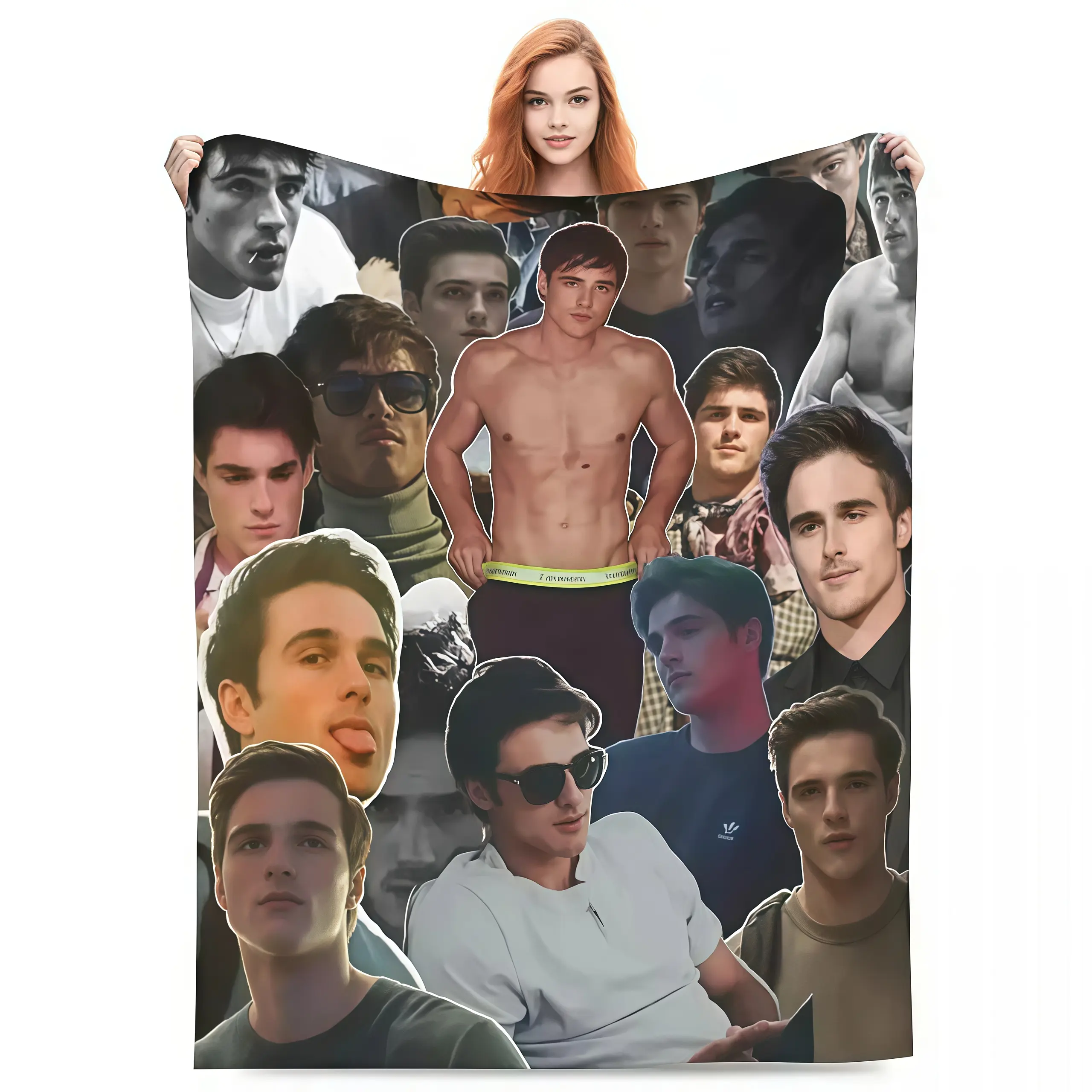 Cozy Vintage Jacob Elordi Celebrity Theme Collage Print Polyester Blanket, Flat Weave Warm Fleece Flannel Soft Cover, Bedding Decor for Bedroom/Dorm Couch, Movie Fan Gift, Travel Air Conditioning Use, Home & Travel