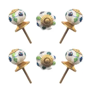 Striking Blue & White Line Striped Ceramic Knobs with Gold Starburst (Set of 6) - 1.5 Inch - CDNY