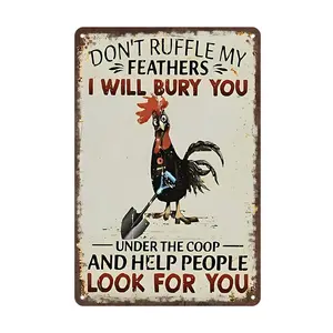 [12x8" Rooster Metal Sign] Vintage Aluminum Metal Sign "Don't Ruffle My Feathers" Rooster Theme Wall Hanging Poster for Outdoor, Garage, Porch, Cafe, Bar, Man Cave, Farm Yard Decor  Farmhouse Gift