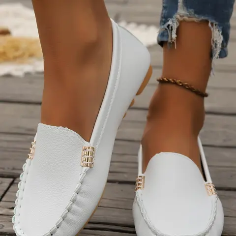 Women's Fashionable Solid Color Slip-On PU Leather Round Toe Loafers, Walking Shoes, Comfortable Flat Shoes for Daily Wear, Lightweight Breathable Shoes for Women, Casual Flat Footwear