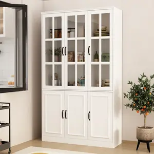 FUFU&GAGA Tall Bookcase Bookshelf with 10 Storage Shelves & 3 Glass Doors, Wooden Display Storage Cabinet with 10 Compartments