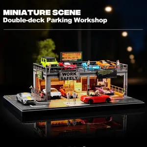 Diorama 1:64 Scale Car Garage Model LED Lighting Repair Workshop Parking Lot Scene Model Building Display Cabinet Collection Gift Toy