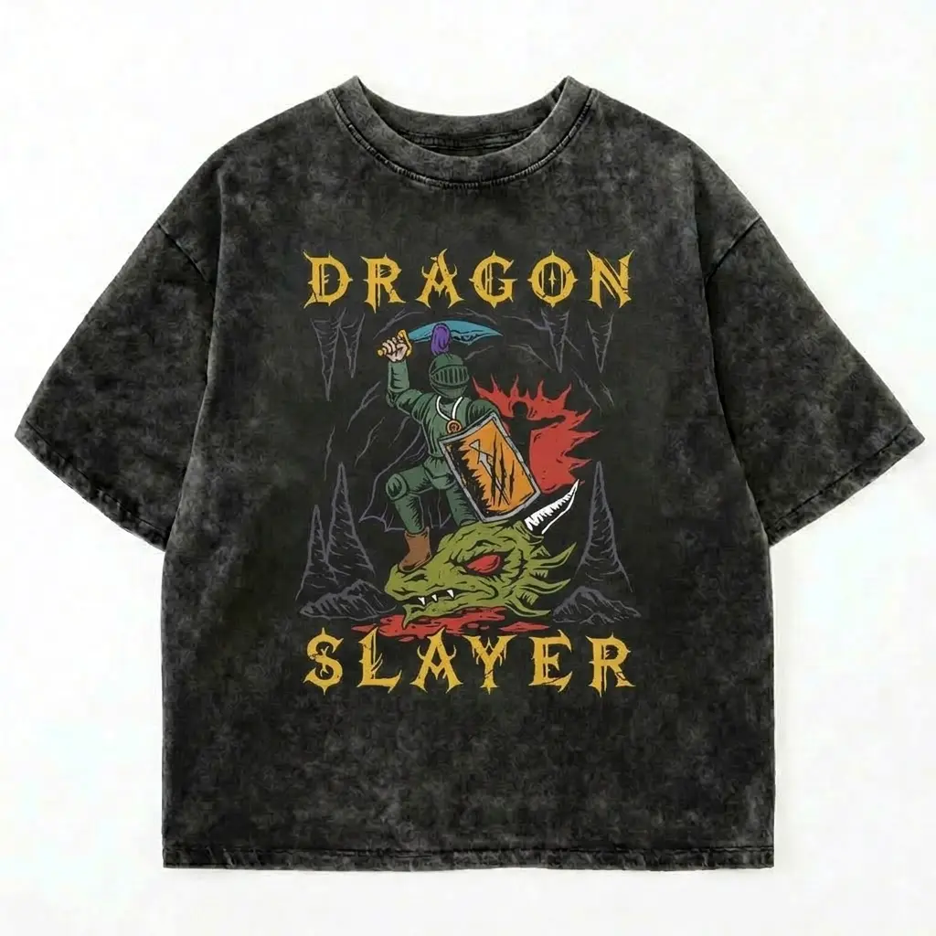 OSRS Dragon Slayer Acid Wash T Shirt Old School RuneScape Inspired Tee Retro MMORPG Gamer Shirt Dark Fantasy Graphic Oversized Vintage Washed Tee Unisex Gaming Gift Casual Streetwear
