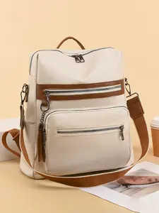 Beige contrast color multi-pocket fashionable backpack, multi-zipper design casual commuter dual-purpose backpack, tassel decoration fashionable trend backpack, niche suitable for daily travel, Stylish Daypack, Lightweight Backpack, etc.