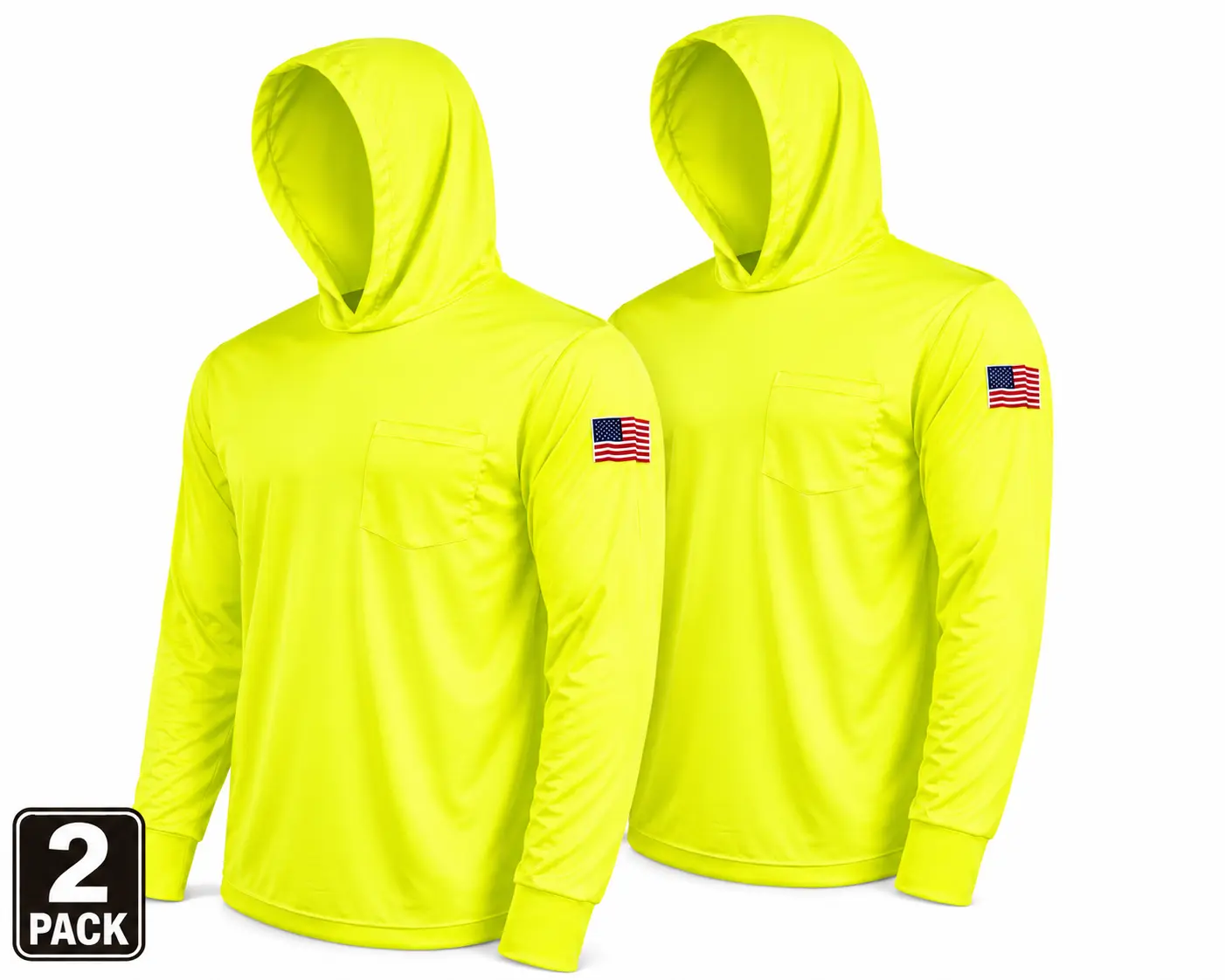 2 SHIRT PACK OF Hi Visibility ultra light weigh Long sleeve hoodie shirt with USA FLAG / 100 % polyester birdeye Fabric for quick dry AVAIALBE IN VARIOUS COLORS