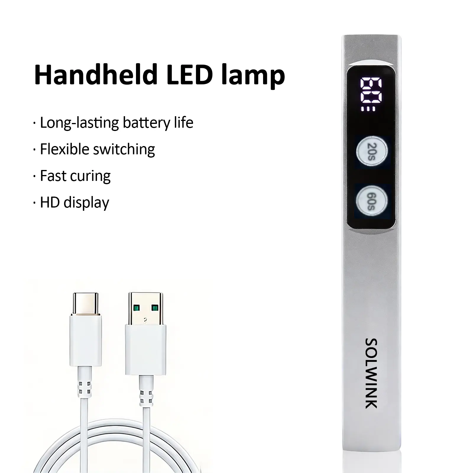SOLWINK Handheld LED Lamp Mini Handheld UV Light with LCD Display for Gel Nails, Rechargeable USB Nail Dryer for Fast Curing