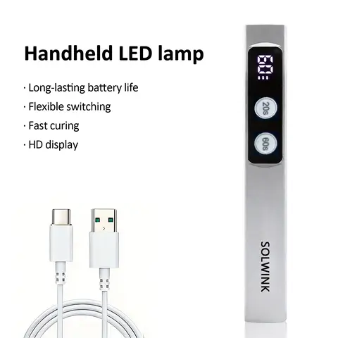 SOLWINK Compact Cordless Handheld LED UV Dryer - Rechargeable UV Lamp with LCD Display, 1-Finger Switch, Dual-Light Bead Nail Zone Targeting, Fast Gel Polish Curing, 2 Smart Timer Settings, USB Nail Art Manicure Tool