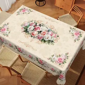 Vintage Floral Tablecloth - Elegant Pink Roses, Cream White and Light Beige - Machine Washable Polyester Tablecloth for Wedding Parties and Home Decor - Indoor and Outdoor Dining Table Decoration , Exquisite Design Disposable Christmas