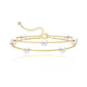 Tewiky 14K Gold/Sliver-Plated Double-Layer Bracelet (Hard Material Pearl O-Ring Chain / Single Lobster Clasp with Pearl Pendant), Valentine's Day Gift, Elegant Design, Suitable for Various Occasions