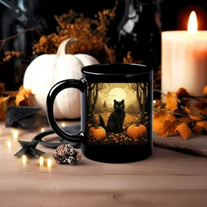 [Sale off up to 50%] Black Cat Pumpkin Mug, Spooky Halloween Mug, Black Cat and Pumpkins  Black Coffee Mug