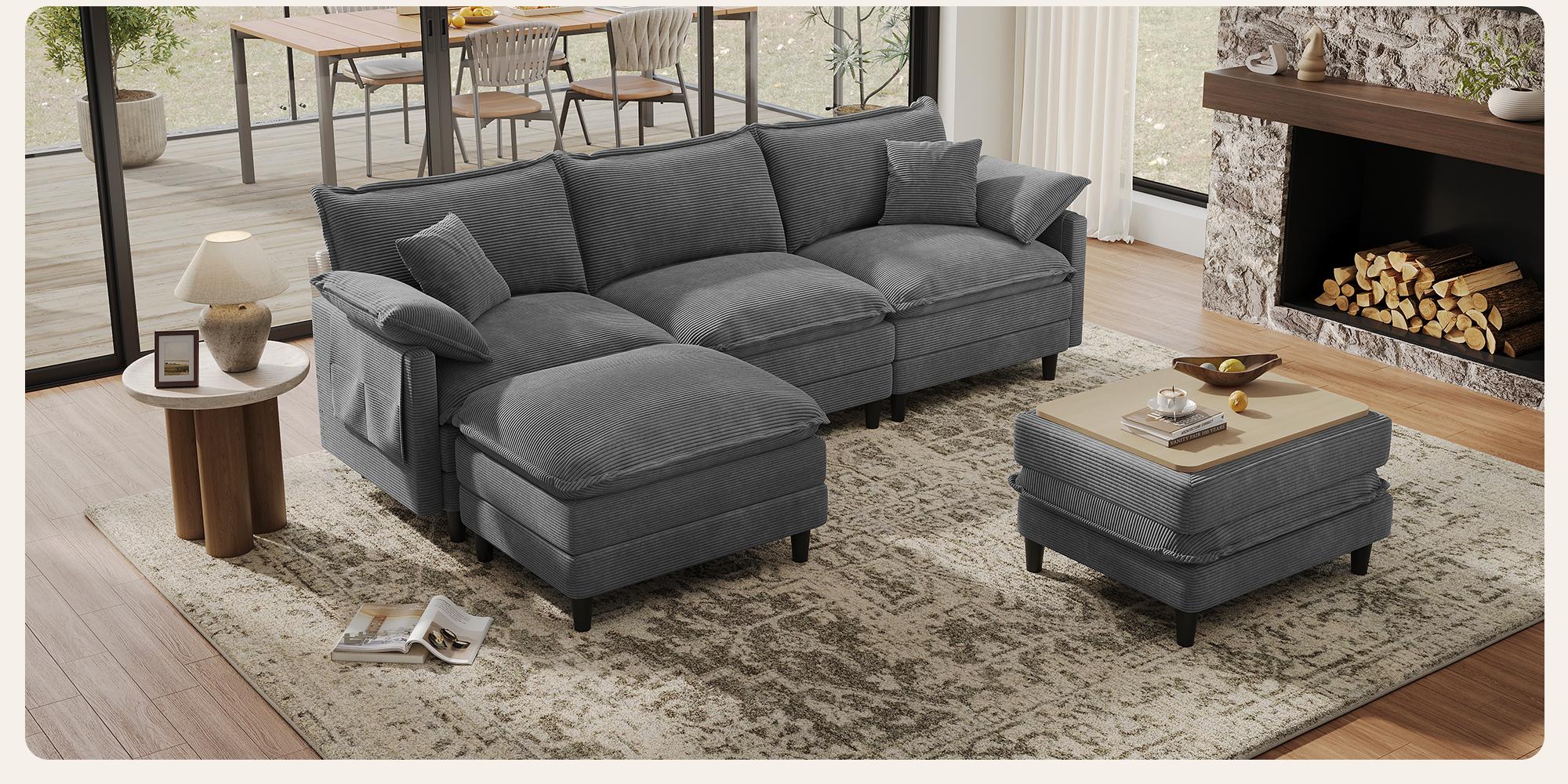 [2-3 Packages Shipping] Copiae 108" -143.7” L/U-Shaped Modular Cloud Sofa, Movable Dual-Function Ottomans Convertible to Coffee Table, Corduroy Sectional Couch with Three-Layer High-Resilience Foam Cushions, Easy Assembly for Apartment