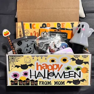 Personalized Halloween Gift Box for Kids - Includes Cup, Notebook, Pencil, and Candy - Customizable for Boys and Girls - Spooky and Multicolor Decorations