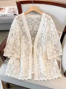 Women's Elegant Lace Cardigan, V Neck Medium Sleeve, Floral Embroidery, Belted Waist, Ruffle Design, Casual Daily Wear