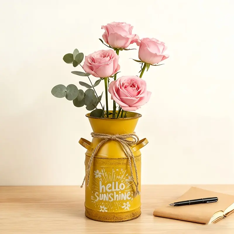 Ironwork Yellow Vase, Flower Vases, Double-eared Hemp Rope Decoration, Country-style Ornaments, Tabletop, Artistic Flower Arrangement Containers, Suitable for Living Room, Bedroom, Desk, Warm and Versatile Flower Sets, Fresh and Green Plants