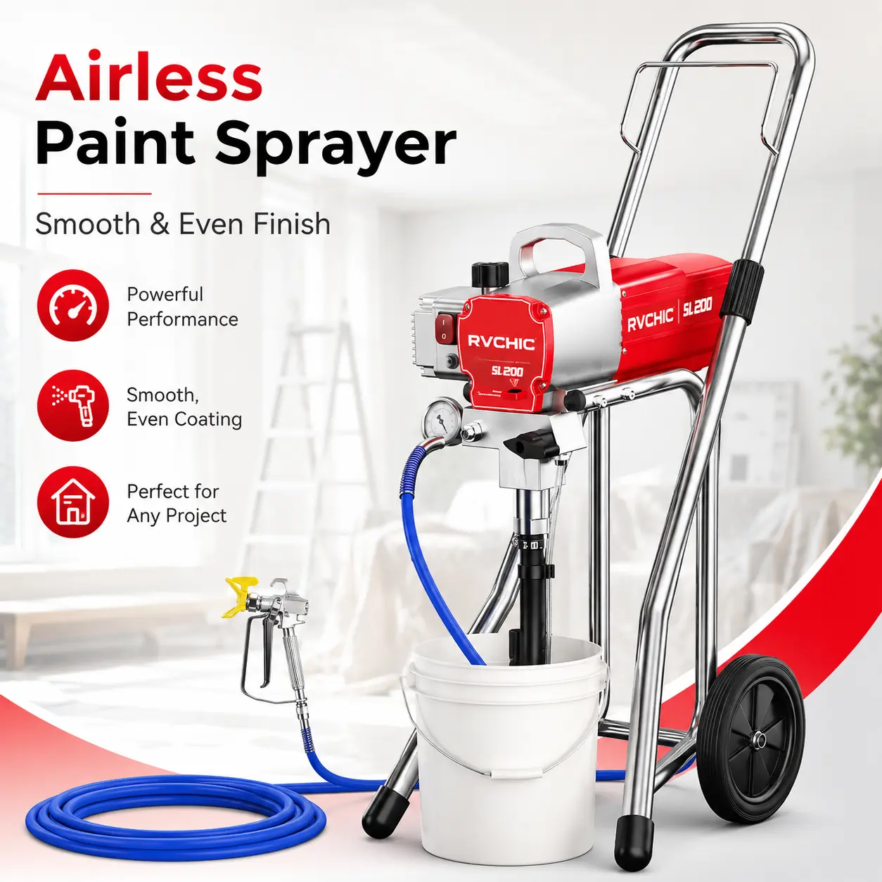 Airless Paint Sprayer with Portable Cart for Home Renovation & Outdoor Projects, RVCHIC High Pressure Paint Machine with Smooth Even Coating, Spray Gun, 35FT Hose, Extension Pole for Walls & Fence
