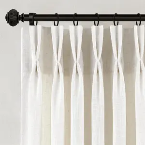 Neutral Boho Pinch-Pleated Linen Curtains, 2-Panel Natural Cream Birch Semi-Sheer Floor-to-Ceiling Drapes for Home Decor