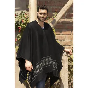 NOVICA Artisan Handmade Men's Alpaca Blend Poncho Artisan Crafted Vneck for Wool Acrylic Clothing Black Striped Peru ' Black Nazca'