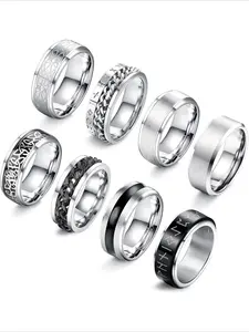 8 Pcs Stainless Steel Rings for Men, High Polished Mens Band, Wedding Engagement Fidget Rings, Vintage Spinning Rings, Spinner Rings, Size 7-13, Stackable Rings, Stacking Rings