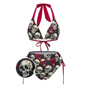 RETRO STAGE 1950s Skull Halter Swimsuit, Multicolor, Adjustable Women's Bikini for Sports & Outdoor Activities