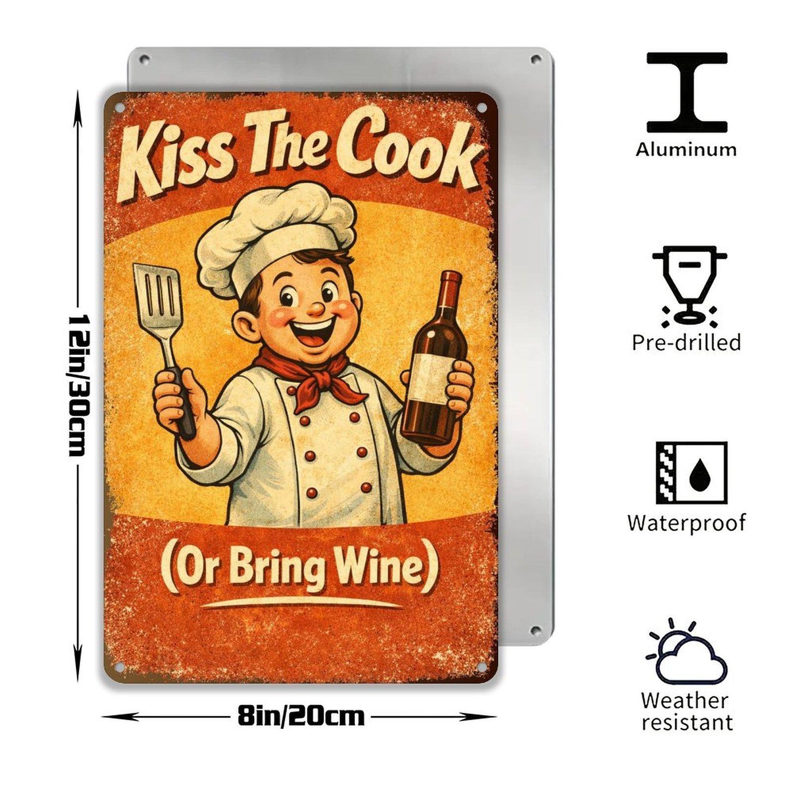 Funny Kitchen Metal Sign 8x12 Inch Vintage Retro Wall Decor “Kiss The Cook Or Bring Wine” Rustic Kitchen Gift for Home