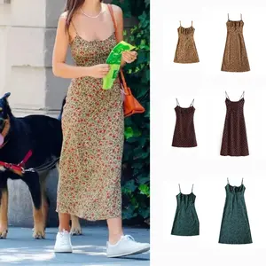 SCUSTY Womens Floral Dress Low-Cut Square Neck Spaghetti Strap Tie Bodycorn Y2k Sun Dresses Casual Sexy Summer Womenswear Comfort Fit