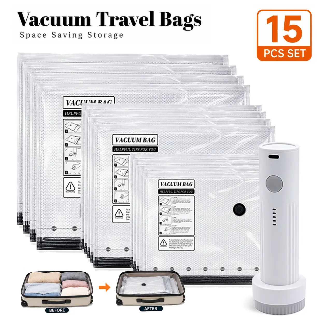 【2026 Upgraded】Multi-Size Cordless Vacuum Compression Bag Set - 9/15 Pcs for Carry-On Suitcases, USB Charge Portable Travel Accessories - Built-In Battery Handheld Slim Pump Fits Handbags & Backpacks, Durable Zipper Pouches Lightweight Home Organizer