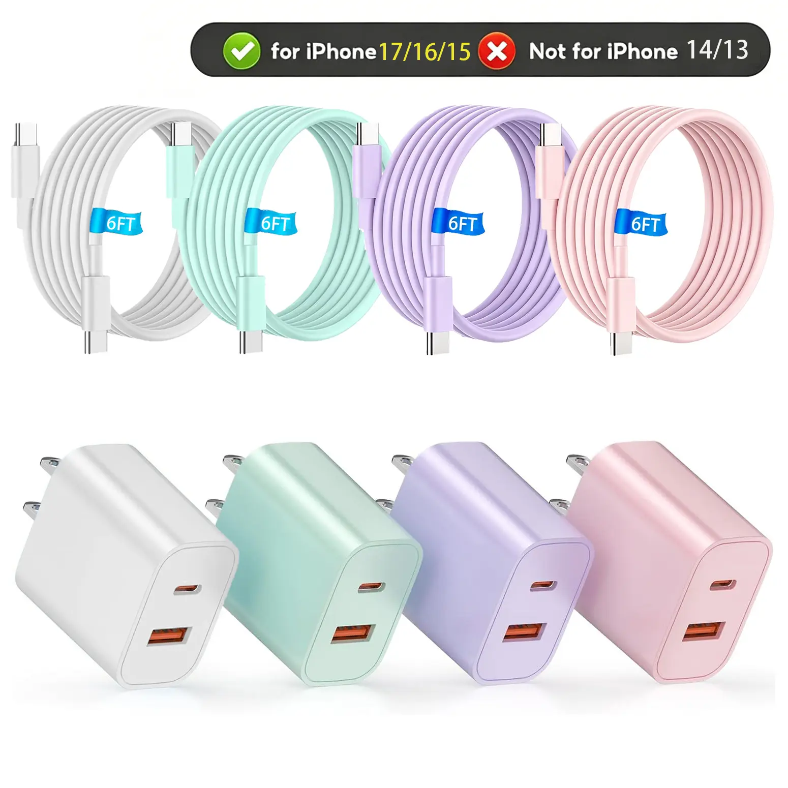 PD 20W USB-C + 18W USB-A Dual-Port Colorful Wall Charger Set,  a 6-Ft Durable USB-C Cable  20W Android Fast Charging Wall Charger,  for  iPhone 17/17 Pro Max/16/16 Pro Max/15/15 Pro/iPad and Samsung Ultra26/S25+/S25/S24/S23/S23+/S22/S22+/S21 Ultra/S20.