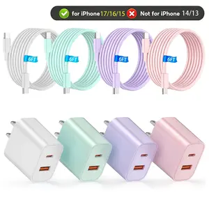 PD 20W USB-C + 18W USB-A Dual-Port Colorful Wall Charger Set,  a 6-Ft Durable USB-C Cable  20W Android Fast Charging Wall Charger,  for  iPhone 17/17 Pro Max/16/16 Pro Max/15/15 Pro/iPad and Samsung Ultra26/S25+/S25/S24/S23/S23+/S22/S22+/S21 Ultra/S20.