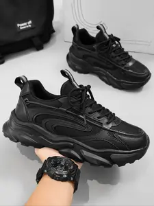 Men's Fashionable Patchwork Lace Up Low Top Sneakers, Casual Comfortable Breathable Running Sports Shoes, Male All-match Round Toe Chunky Sneakers for Daily Life, Athletic Running Shoes