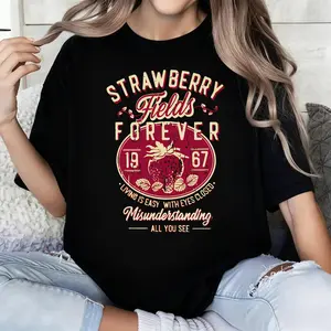 100% Cotton Old School Band Tees, Retro Graphic Unisex Tee, Beatle Strawberry Fields Rock Band Tee, Oversized Trendy Shirts for Women Men