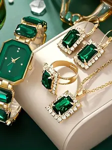 Luxury Green Gold 5Pcs Jewelry Set For Women, Square Dial Watch, Boho Elegant Earrings, Ring, Necklace, Bracelet Watch Set