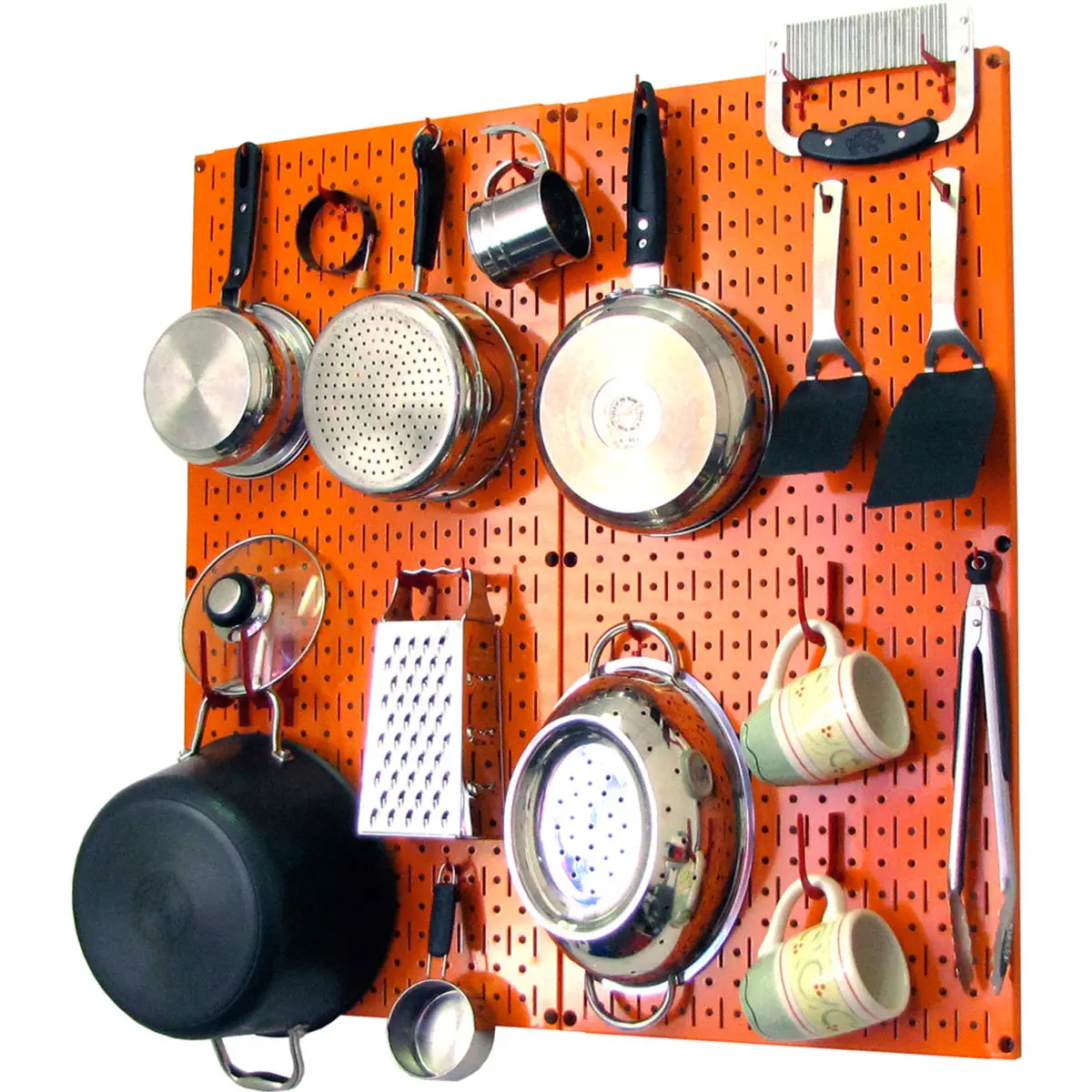 Orange & Red Metal Kitchen Pegboard Wall Organiser Kit with Hooks for Utensils, 32x32x6 in.