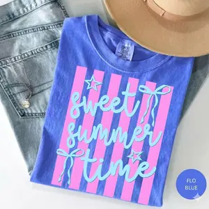 Comfort Colors Sweet Summer Time T-shirt, Preppy Coquette Striped Beach Design, Trendy Girly Vacation Shirt, Aesthetic Summer Tee
