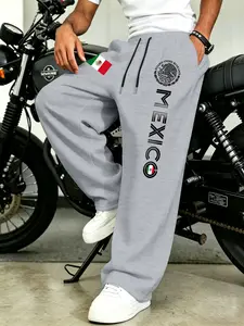 American Vintage Mexico Wide Leg Sweatpants, Men's High Street Loose Straight Casual Pants, Versatile Drop Waist Sports Pants, Athleisure Design