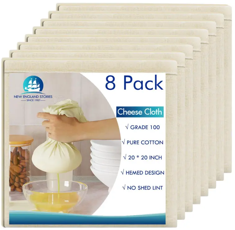 8 PCS Reusable Cheesecloth, Grade 100, 20x20 Inch Hemmed Cheese Cloth for Straining Craft, 100% Cotton Unbleached Cloth Strainer for Cooking, Baking, Juicing, Cheese Making
