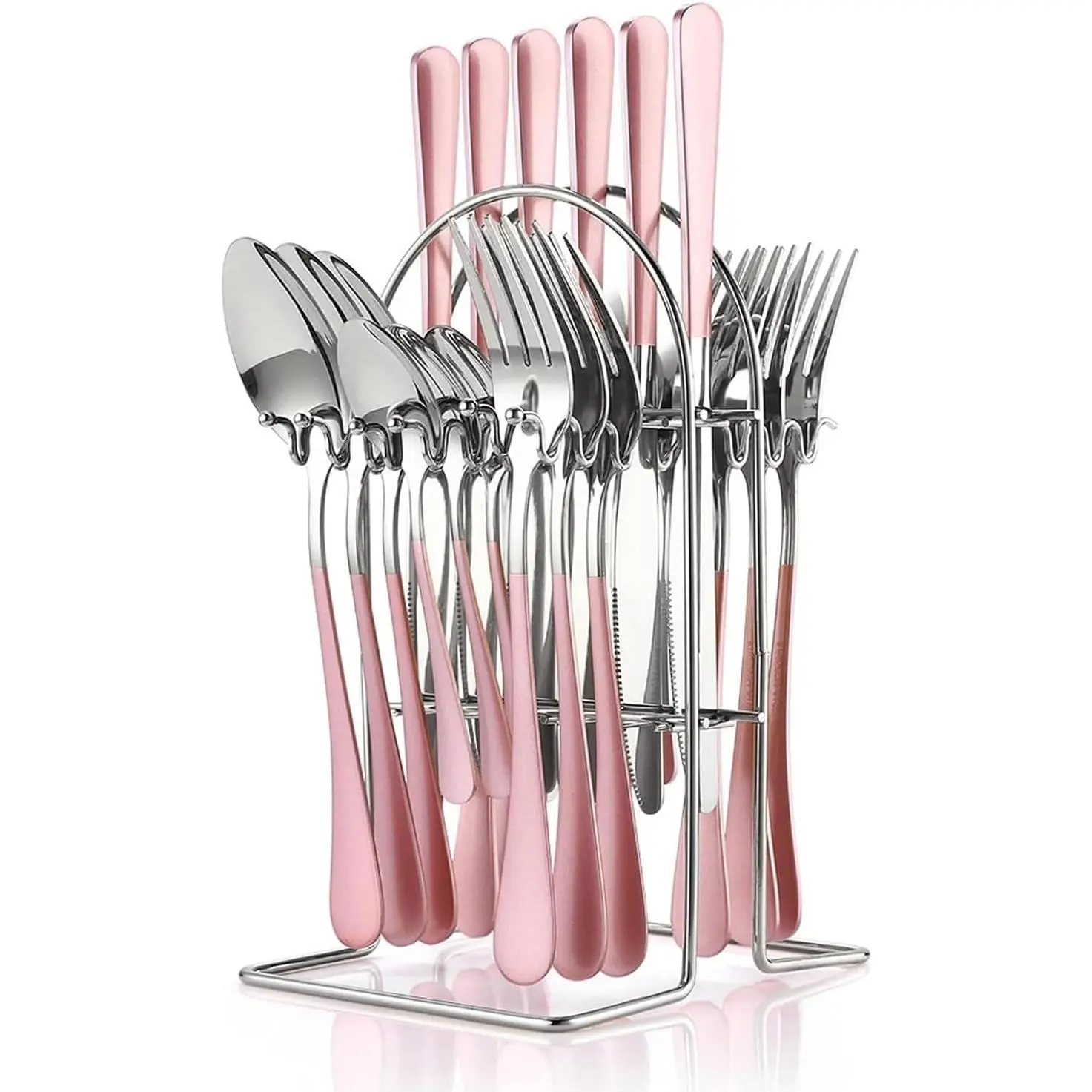 24 Pieces Silverware Set, Stainless Steel Cutlery Set with Holder, Flatware Set for 6 Person Tableware Set Includes Dinner Knives Forks Spoons Teaspoons, Mirror Polished (Pink)