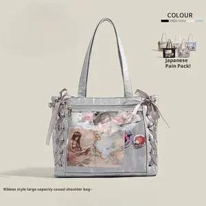 RIVERICH Sweet girl large-capacity tote bag for women, anime style, transparent, fresh and simple, single shoulder bag, Japanese style ribbon bag